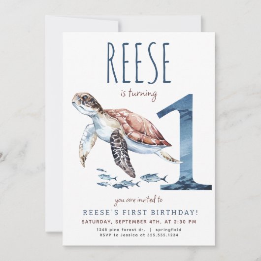 Zee Turtle Eerste Verjaardagsuitnodiging Kaart (Voorkant)