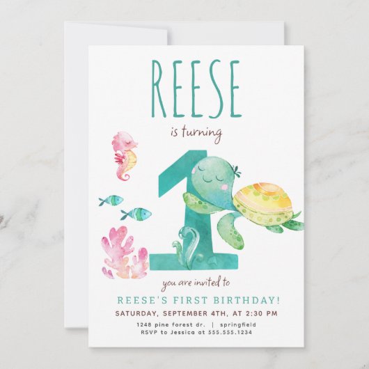 Zee Turtle Eerste Verjaardagsuitnodiging Kaart (Voorkant)