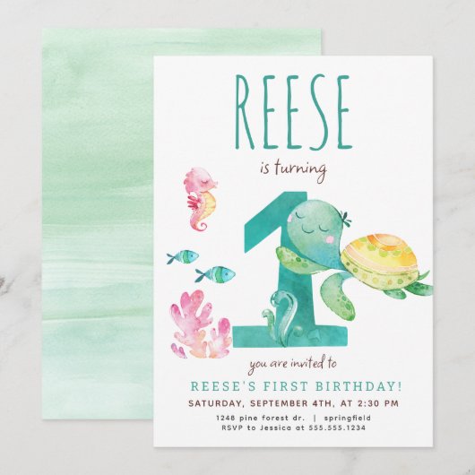 Zee Turtle Eerste Verjaardagsuitnodiging Kaart (Voorkant / Achterkant)