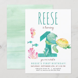 Zee Turtle Eerste Verjaardagsuitnodiging Kaart