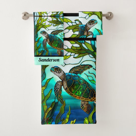 Zee Turtle Faux Glas in lood Bad Handdoek (Insitu)