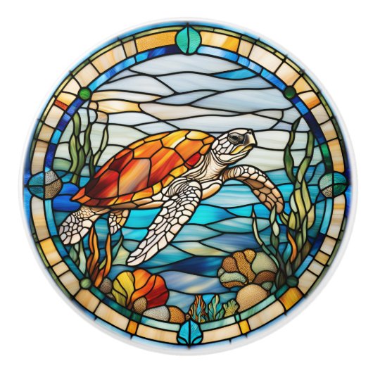 Zee Turtle Faux Glas in lood Keramische Knop (Voorkant)