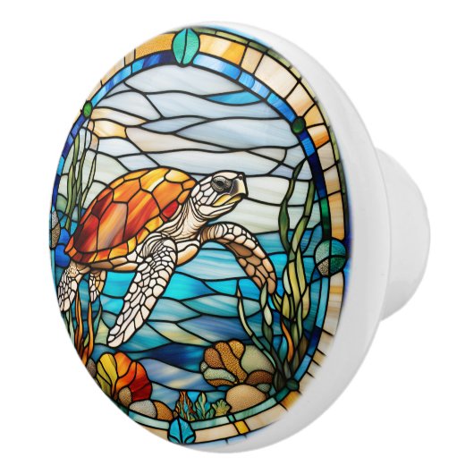 Zee Turtle Faux Glas in lood Keramische Knop (Rechts)