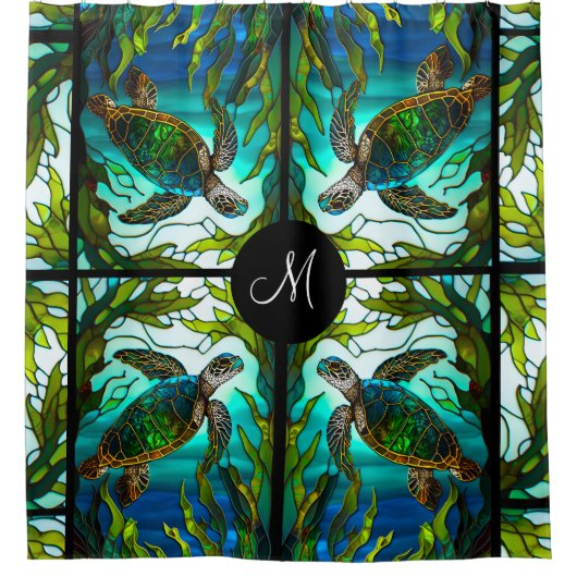 Zee Turtle Faux Glas in lood Rond Douchegordijn (Voorkant)