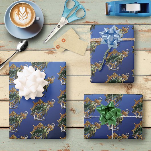 Zee Turtle Green Blue Inpakpapier Vel