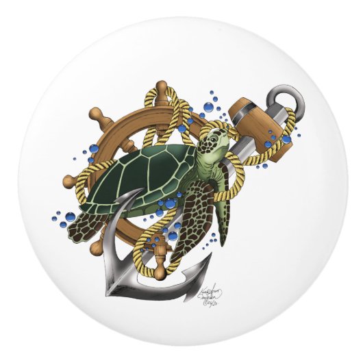 Zee Turtle Green Blue Keramische Knop (Voorkant)