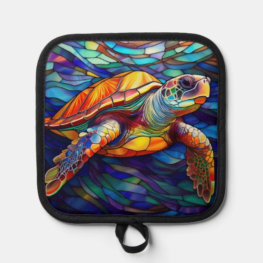 Zee Turtle Honu Glas in lood Art Pannenlap (Voorkant)