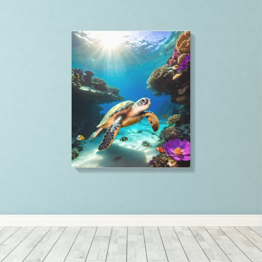 Zee Turtle in het Coral Paradise Canvas Afdruk (Insitu (Houten vloer))
