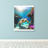 Zee Turtle in het Coral Paradise Canvas Afdruk (Insitu (Houten vloer))