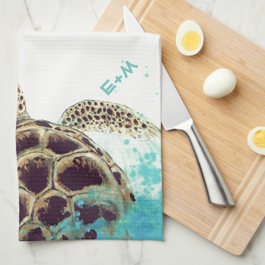 Zee Turtle Love Monogram op persoonlijke titel Theedoek (Quarter Fold)