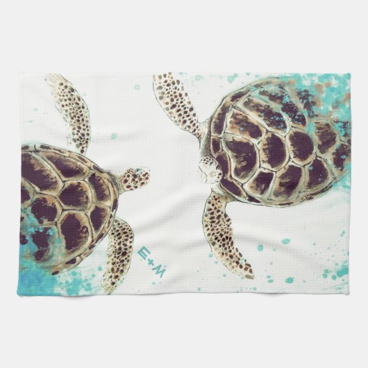 Zee Turtle Love Monogram op persoonlijke titel Theedoek (Horizontaal)