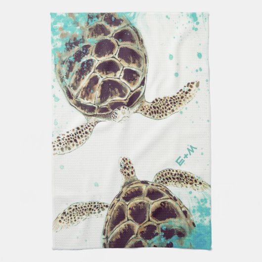 Zee Turtle Love Monogram op persoonlijke titel Theedoek (Verticaal)