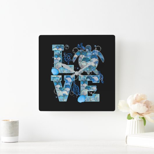 Zee Turtle Love Shirt Ocean Beach Dierenvrienden Vierkante Klok (Huis)