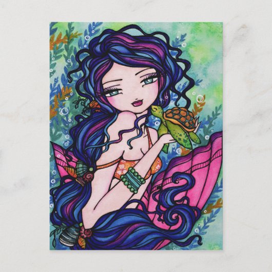 Zee Turtle Mermaid Fantasy Marine Art Briefkaart (Voorkant)