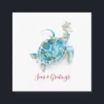 Zee Turtle Mini Beach-kerstkaart Notitiekaartje<br><div class="desc">Ik wens vrienden en familie een beachy Kerstmis met mijn leuke en unieke, tropische, vierkante wenskaart met thema's in een kleine grootte. Dit schattige mini strand kerstkaartje is voorzien van mijn originele waterverf zee schildpad en groene kunstwerken in tinten van turkooisblues en groenen. Het woord Zeeen en Groeten wordt geplaatst...</div>