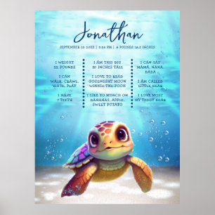 Zee Turtle Modern Cute 1st Birthday Milestone Poster