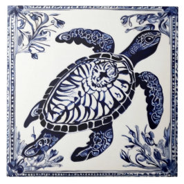 Zee Turtle Navy Blue en White Ocean Beach House Tegeltje