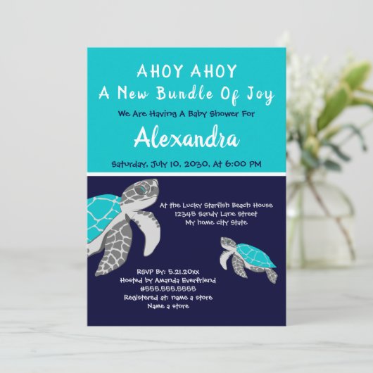 Zee Turtle Navy Blue Nautical Boy Baby shower (Staand voorkant)