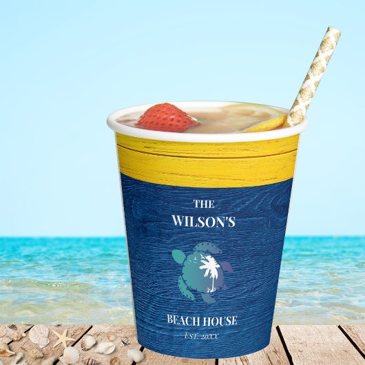 Zee Turtle Navy Blue Wood Familie Strandhuis Papieren Bekers