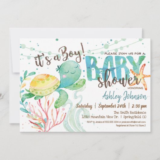 Zee Turtle, Ocean Baby shower Invitation, Jongen Kaart (Voorkant)