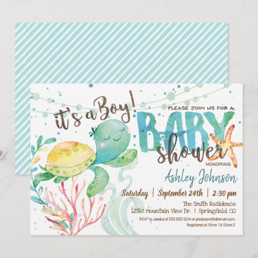 Zee Turtle, Ocean Baby shower Invitation, Jongen Kaart (Voorkant / Achterkant)