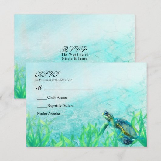 Zee Turtle Ocean Beach Art Elegant Wedding RSVP Kaartje (Voorkant / Achterkant)