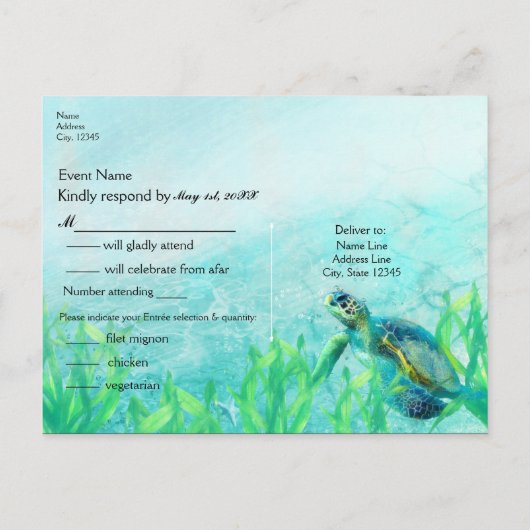 Zee Turtle Ocean Beach Art Elegant Wedding RSVP Uitnodiging Briefkaart (Achterkant)