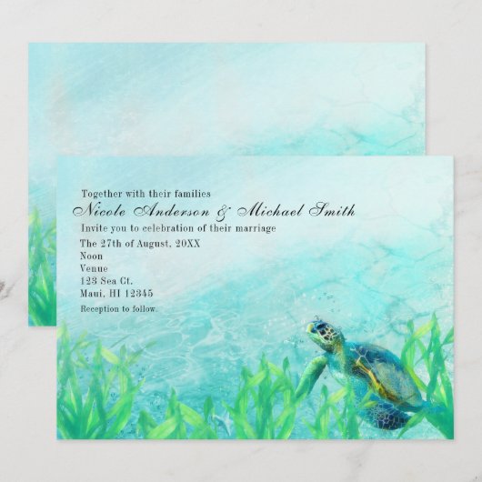 Zee Turtle Ocean Beach Art Wedding Invitations Kaart (Voorkant / Achterkant)