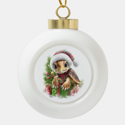 Zee Turtle Shirt Christmas Santa Hat Keramische Bal Ornament (Voorkant)