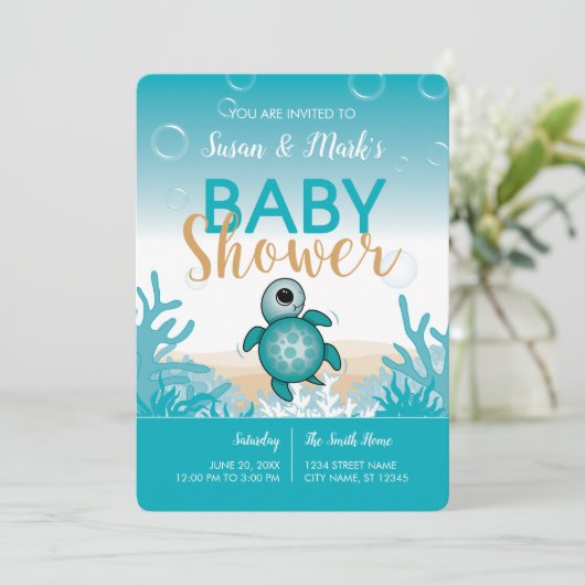 Zee Turtle Thema Baby shower Uitnodiging (Staand voorkant)