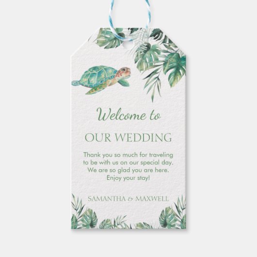 Zee Turtle Tropical Leaves Waterverf Wedding Cadeaulabel (Voorkant)
