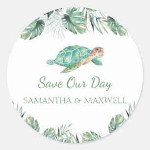 Zee Turtle Tropical Leaves Waterverf Wedding Clas Ronde Sticker