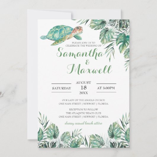 Zee Turtle Tropical Leaves Waterverf Wedding Kaart (Voorkant)