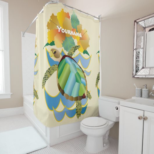  Zee Turtle Tropical Yellow Hibiscus Flowers Douchegordijn (In situ)