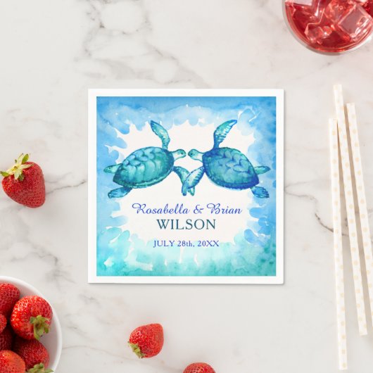 Zee Turtle Trouwservetten | Blauwgroene Waterverf Servetten (Insitu)