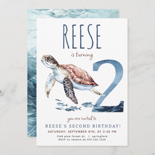 Zee Turtle Tweede verjaardagsuitnodiging Kaart (Voorkant / Achterkant)