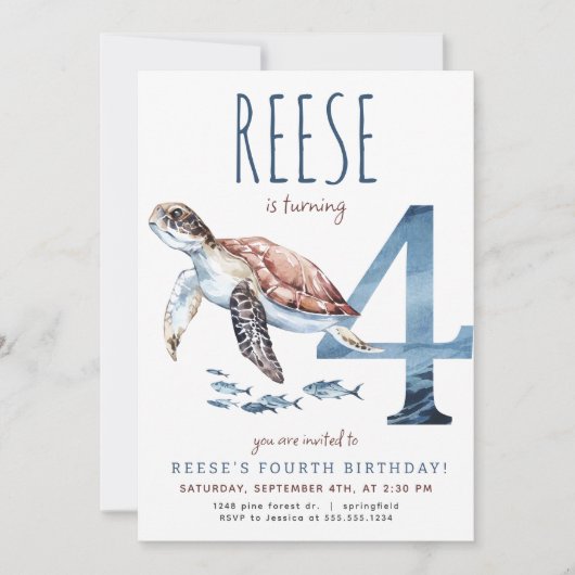 Zee Turtle Vierde Verjaardagsuitnodiging Kaart (Voorkant)