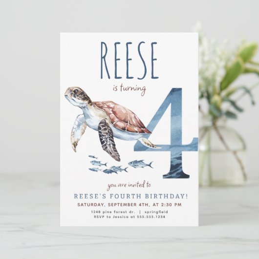 Zee Turtle Vierde Verjaardagsuitnodiging Kaart (Staand voorkant)