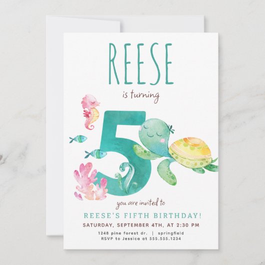 Zee Turtle Vijfde Verjaardagsuitnodiging Kaart (Voorkant)