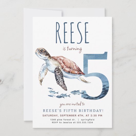Zee Turtle Vijfde Verjaardagsuitnodiging Kaart (Voorkant)