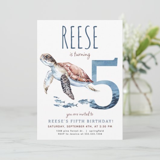 Zee Turtle Vijfde Verjaardagsuitnodiging Kaart (Staand voorkant)