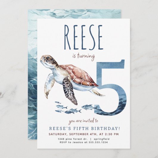 Zee Turtle Vijfde Verjaardagsuitnodiging Kaart (Voorkant / Achterkant)