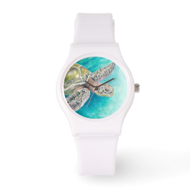 Zee Turtle Waterverf Green Horloge (Voorkant)