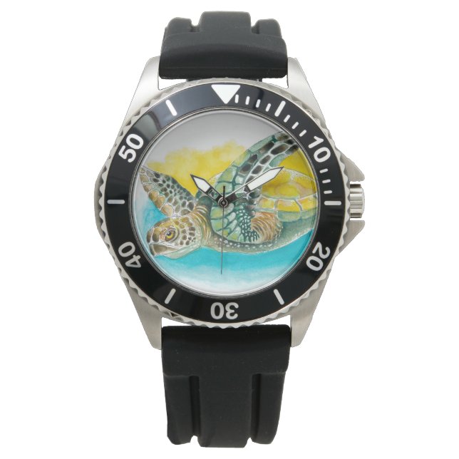 Zee Turtle Waterverf Inkt Groen Horloge (Voorkant)