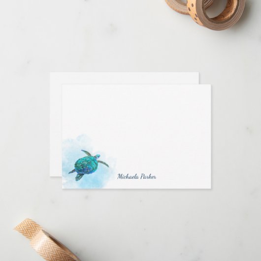 Zee Turtle Waterverf Ocean Personalized Notitiekaartje (Voorkant / Achterkant in situ)