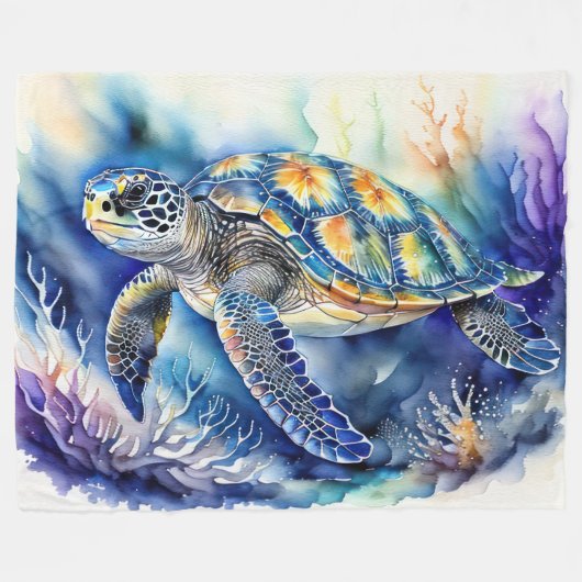 Zee Turtle Waterverf Schilderen Fleece Deken (Voorkant (Horizontaal))