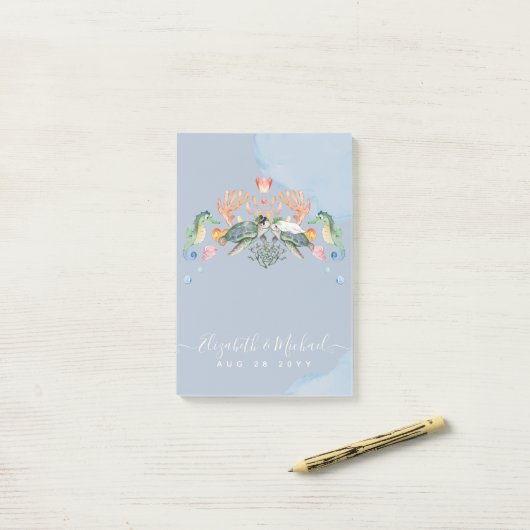 Zee Turtle Wedding met bride en bruin Post-it® Notes (Op bureau)