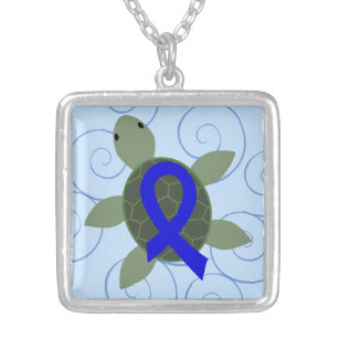 Zee Turtle with Blue Awareness Ribbon Zilver Vergulden Ketting