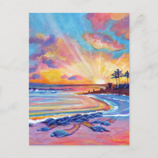 Zee Turtles bij Poipu Beach Kauai bij zonsondergan Briefkaart