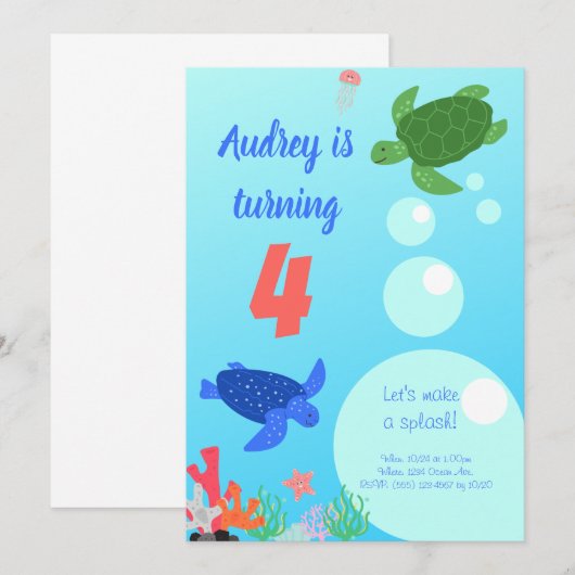 Zee Turtles Birthday Invitation Kaart (Voorkant / Achterkant)